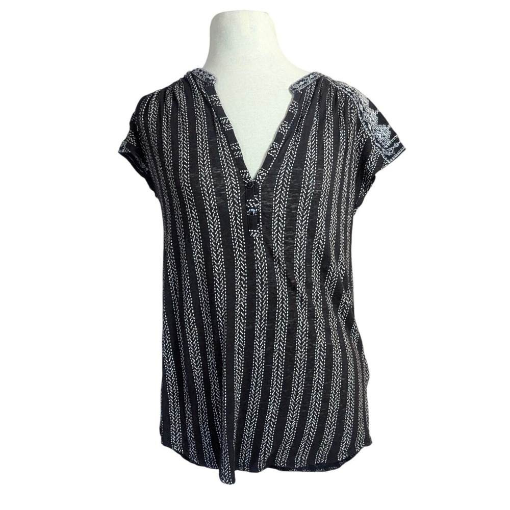 Lucky Brand Womens Small Black White Geometric Embroidered Linen Blend Top